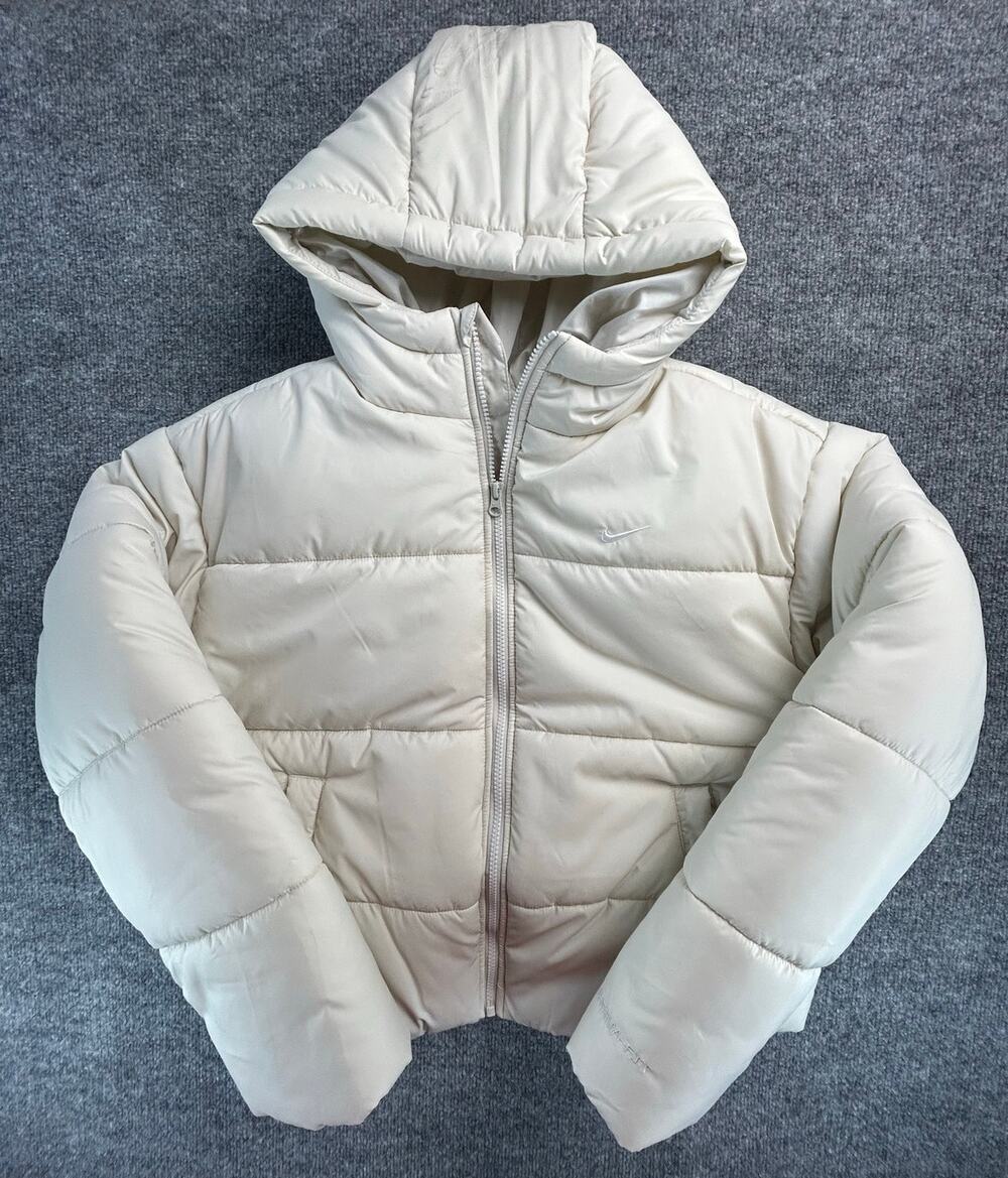 Nike Therma-FIT Hooded Puffer Jacket Women's L Ivory Cream Full Zip Winter Coat
